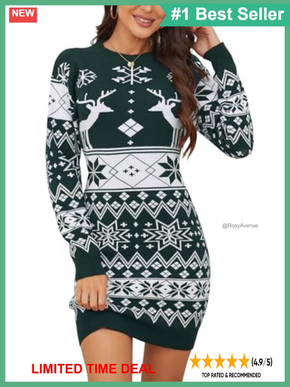 Women's Christmas Sweater Dress Long Sleeve Crew Neck Floral Print Oversized